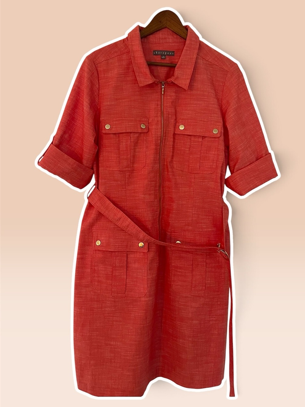 Sharagano Coral Zip Front Belted Utility Safari Shirt Dress Sz 16